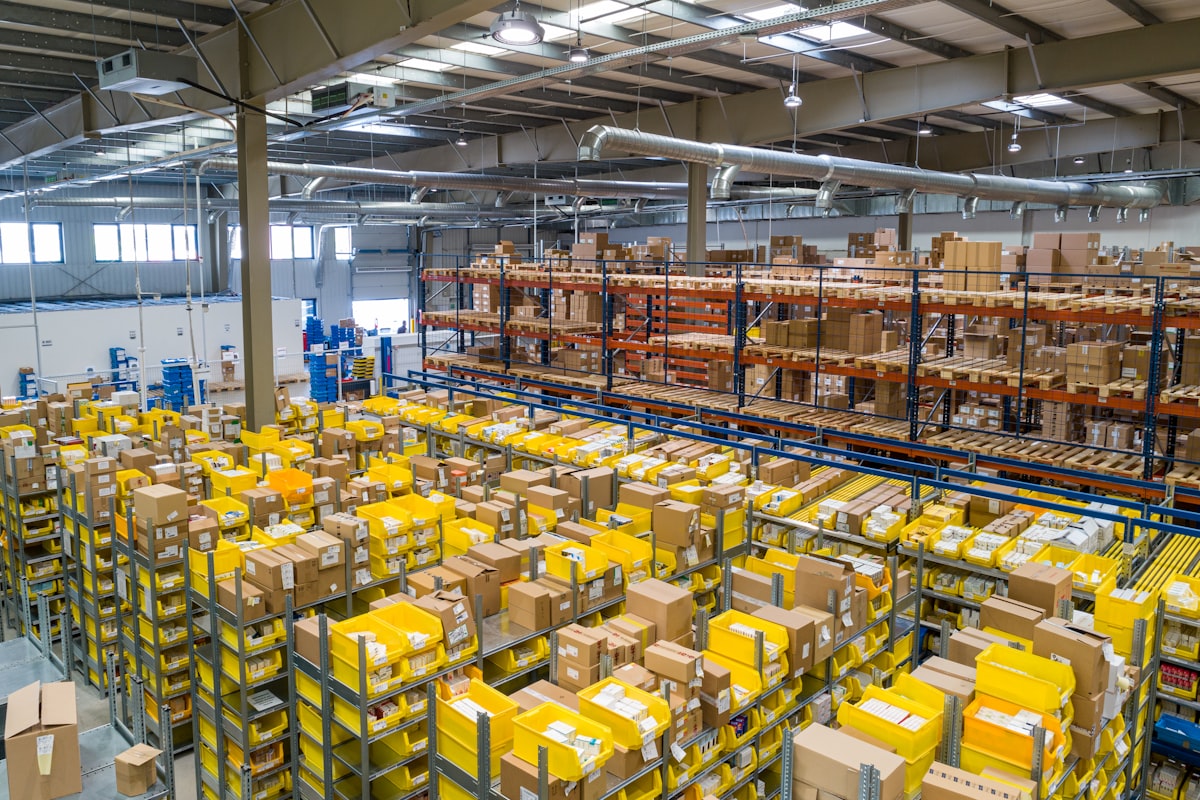 Global fulfillment warehouse with shipping boxes